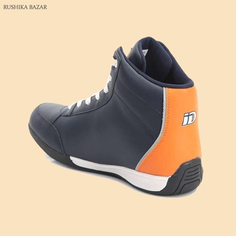 Navy blue and orange high-top ID Ultra Sports shoes with lace-up closure, cushioned sole, and durable rubber grip.
