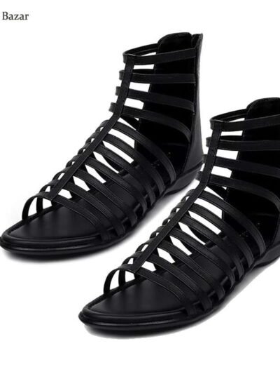 A pair of black high-top gladiator sandals with multiple straps and an open-toe design, offering a stylish and comfortable option for women.