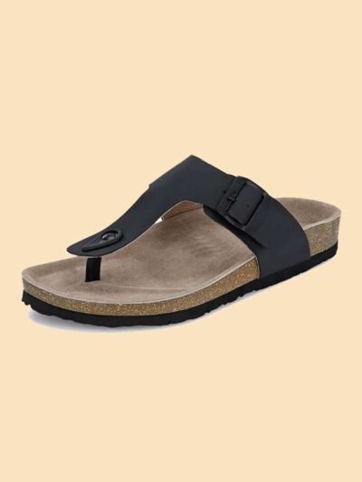 Black thong sandal with a cork sole, adjustable buckle strap, and ergonomic footbed, designed for comfort and casual wear.