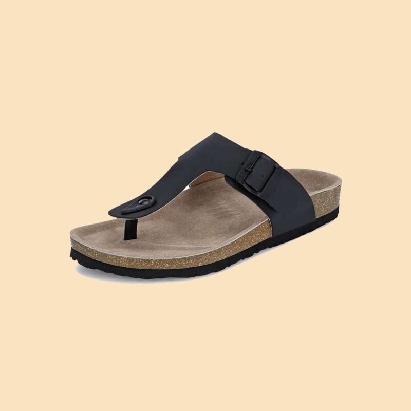 Black thong sandal with a cork sole, adjustable buckle strap, and ergonomic footbed, designed for comfort and casual wear.