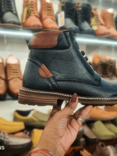 Black leather long boot with brown stripe, tiger hill