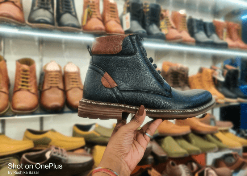Black leather long boot with brown stripe, tiger hill