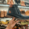Black leather long boot with brown stripe, tiger hill