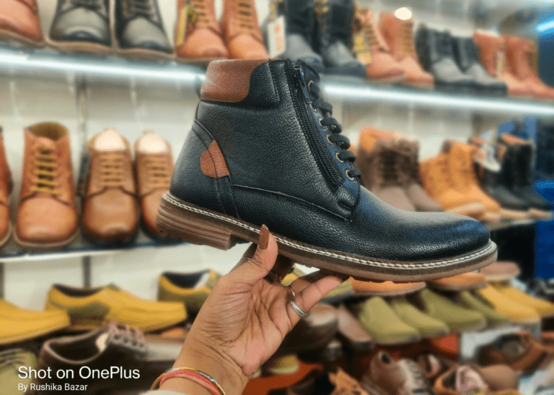Black leather long boot with brown stripe, tiger hill