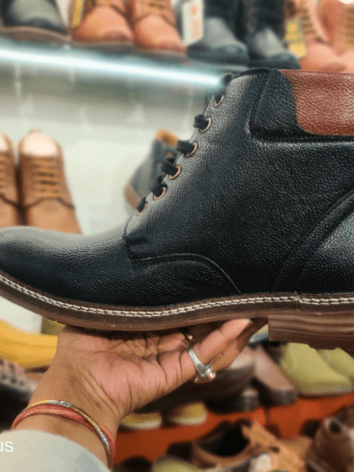 Black leather long boot with brown stripe, tiger hill