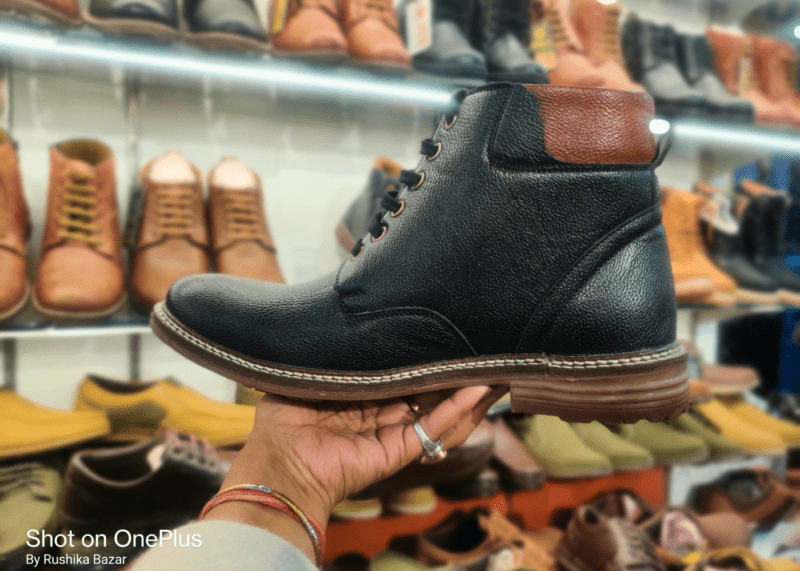 Black leather long boot with brown stripe, tiger hill