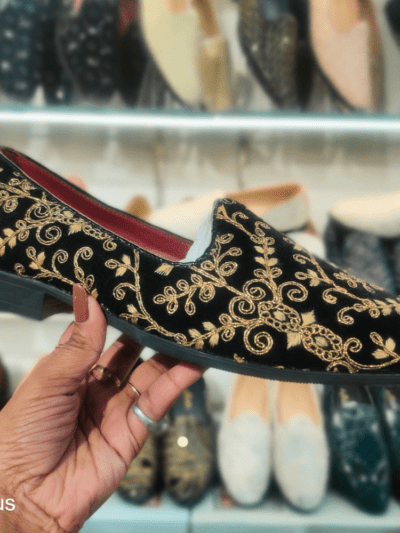 wedding traditional style jutti for Indo Western shoes for grome (Black Embroidery) by Rushika Bazar
