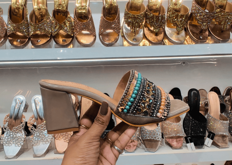 Moti design Jaipuri sandals in a store